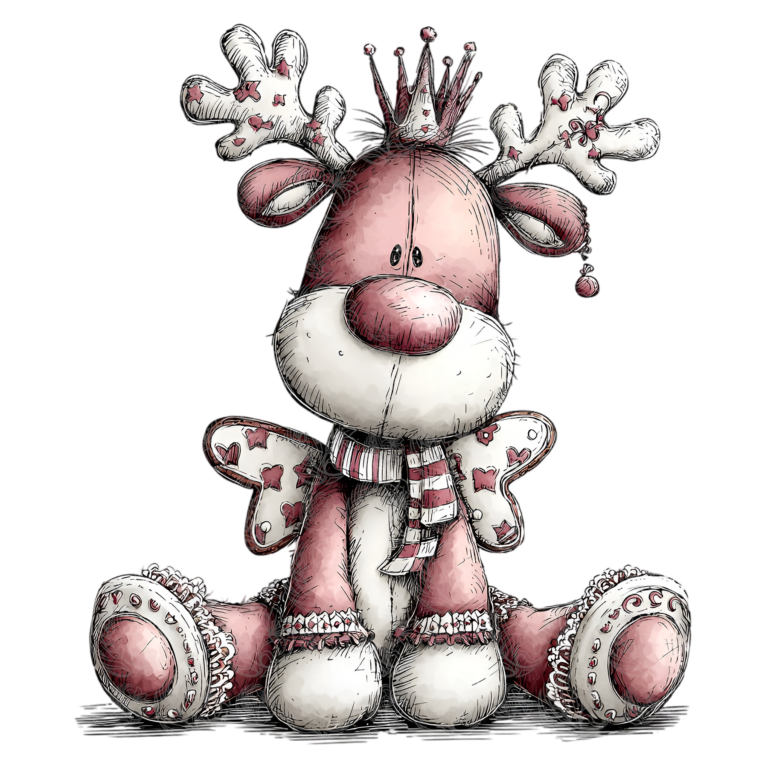 Christmas reindeer stuffed toy wearing a crown and striped scarf with heart details, Grey Barn Handwerk, Saskatchewan.